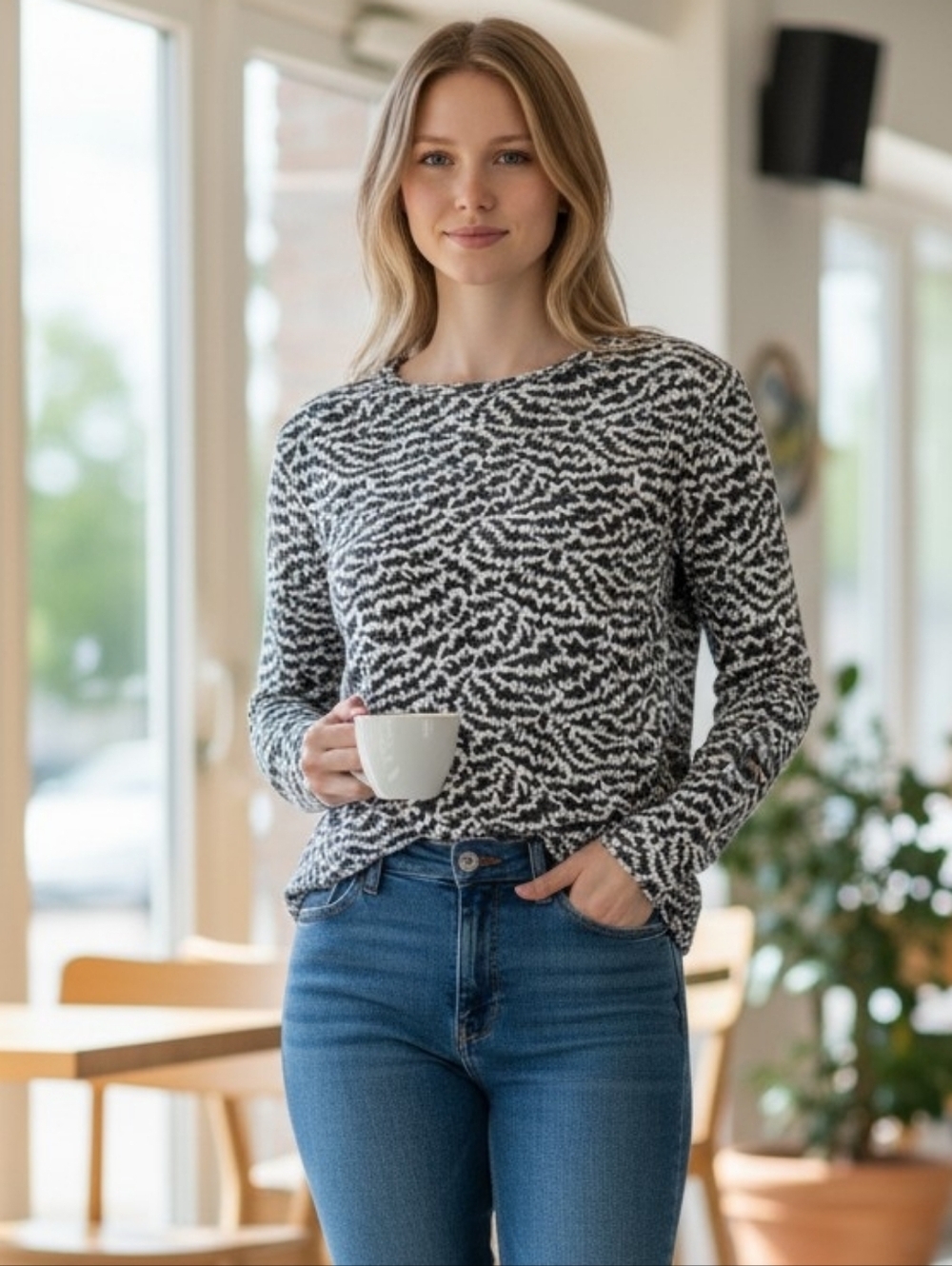 Tory Burch Tara Black & White Silk Long Sleeve Top S